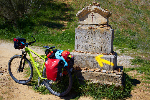 The way of saint James biking stone sign Palencia Spain. Camino de Santiago