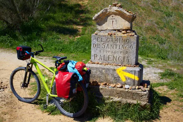 Photo of The way of saint James stone sign Palencia. Camino de Santiago