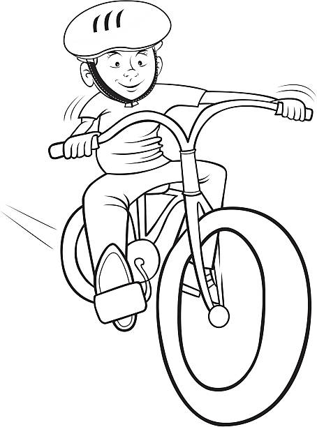 Menino andando de bicicleta contorno - ilustração de arte em vetor