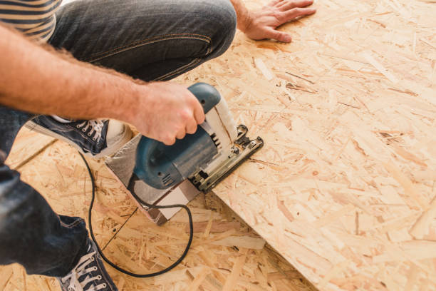 istock Master finisher sawing a sheet of OSB 1342485046