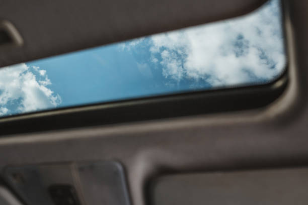 istock View through ajar sunroof on a blue sky 1342485235