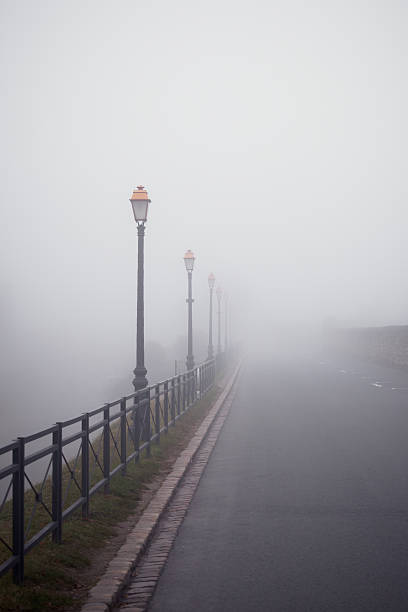 istock Foggy road with old lamps 134248689