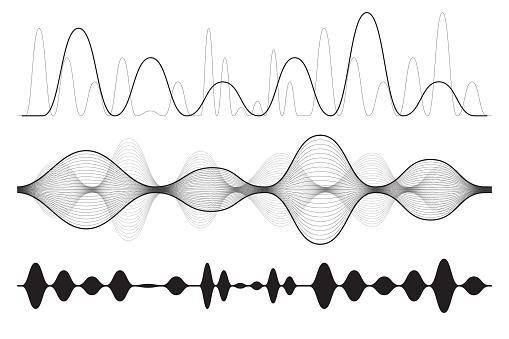 Sound icon. Audio wave symbol, soundwave silhouette, podcast sign, sound signal recorder graphic element, radio waves button, beat set, waveform vector illustration