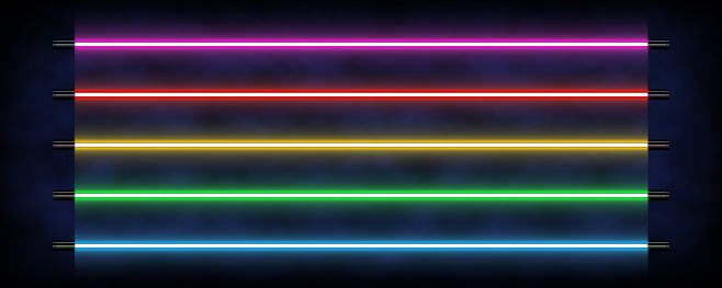 Vector neon tubes, sticks, glowing light bulbs, led effect strokes, dividers, luminous straight line set, laser energy lamps on dark background