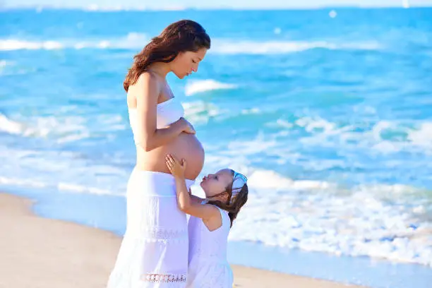 Pregnant mother and daughter on the beach together kissing belly
