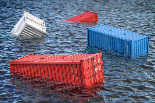 Shipping cargo container lost in the sea or ocean. Cargo isurance concept. 3d illustration
