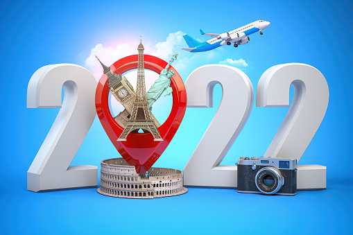 2022 Happy new year. Number 2022 and pin with most popular landmarks of the world. New year celebration in London, Paris, Rome or New York. 3d illustration