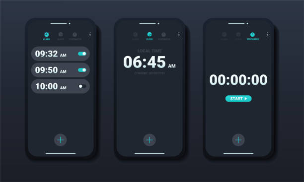 widget-schnittstellen für mobiltelefone.  benutzeroberfläche der uhr. alarm-stoppuhr-timer. - alarm stock-grafiken, -clipart, -cartoons und -symbole