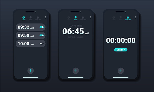 Mobile phone watch widget interfaces.  Clock user interface. Alarm stopwatch timer. Illustration vector