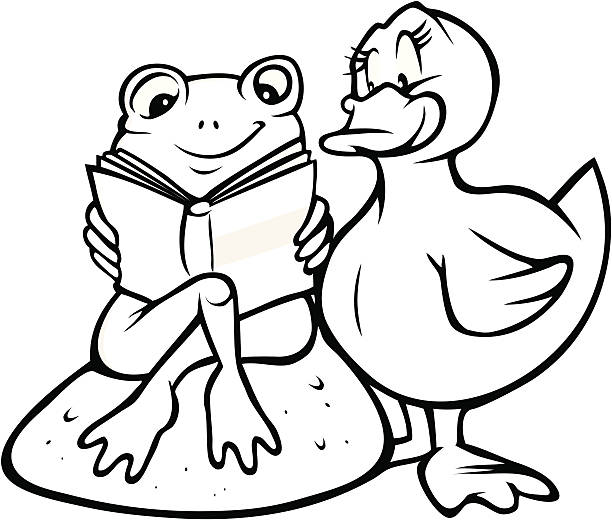 frog e pato leitura contorno - ilustração de arte em vetor