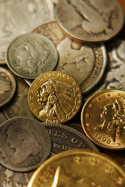 istock Old Gold and silver coins soft focus. 134249128