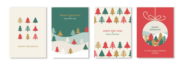 Christmas and New Year posters set Merry Christmas and New Year posters set with winter abstract triangle fir trees. Vector illustration. Greeting cards, minimal noel corporate design templates, invitation or flat icons background christmas card illustrations stock illustrations