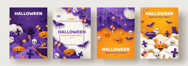 Halloween posters set paper cut Happy Halloween party posters set with night clouds and pumpkins in paper cut style. Vector illustration. Full moon, witch cauldron, spiders web and flying bat. Place for text. Brochure background cauldron illustrations stock illustrations
