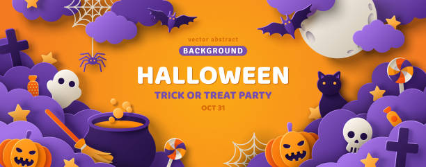 Halloween orange poster template Happy Halloween banner or party invitation background with clouds, bats and pumpkins in paper cut style. Vector illustration. Full moon in orange sky, spiders web and witch cauldron. Place for text halloween backgrounds stock illustrations