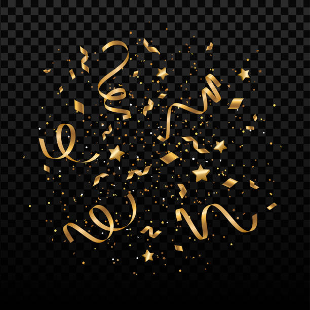 Shiny gold confetti stars Falling shiny gold confetti, small stars and pieces of serpentine isolated on transparent background. Festive overlay effect with golden tinsels for New year and Christmas party. Vector illustration. new years eve party stock illustrations