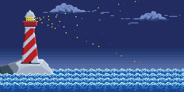 Pixel Illustration of red and white lighthouse surrounded by waves