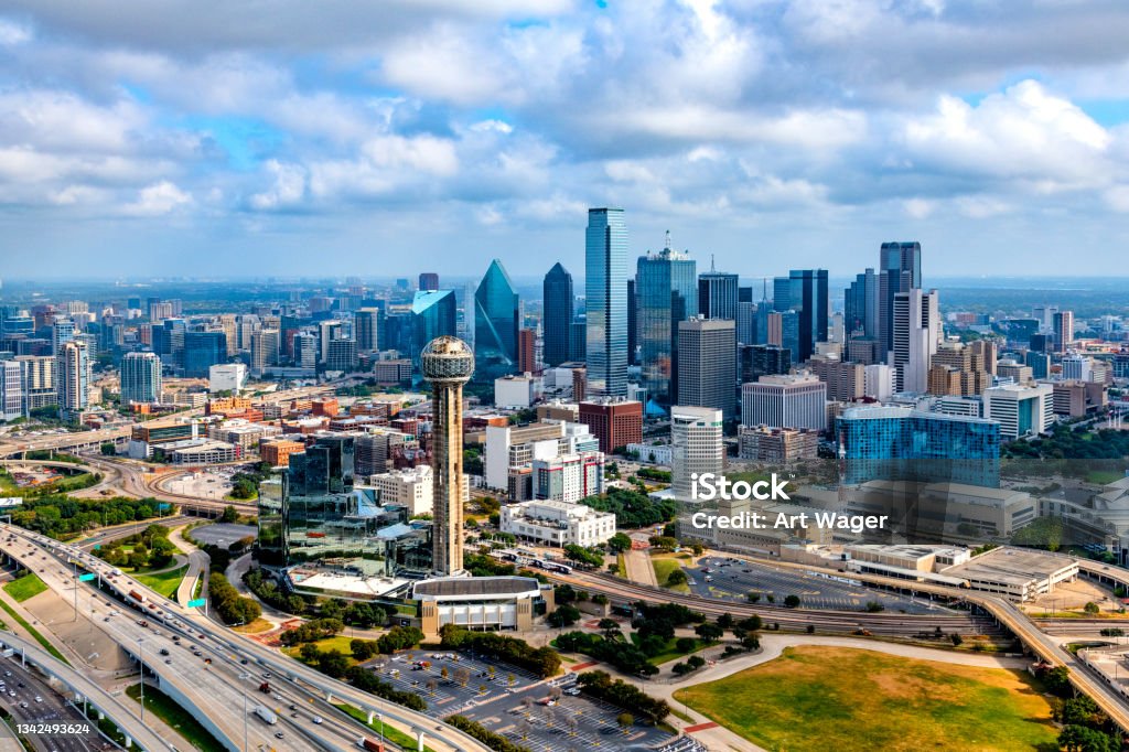 Dallas Skyline Aerial The beautiful modern skyline of Dallas, Texas shot aerially from an altitude of about 800 feet. Dallas - Texas Stock Photo
