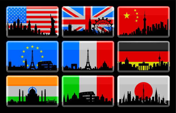 ilustrações de stock, clip art, desenhos animados e ícones de highly detailed city flags - famous place usa black background international landmark