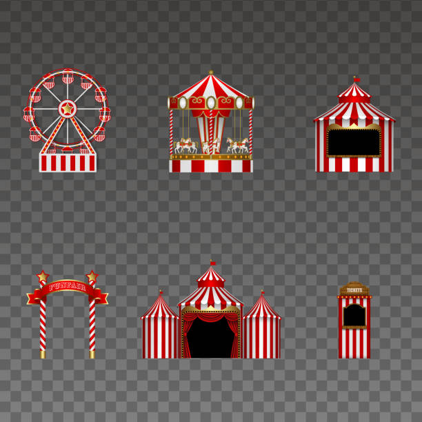 istock Set of funfair elements. isolated ferris wheel, carousel, stall, signboard, circus and tickets booth. luna park elements for carnival and holidays backgrounds 1342494802