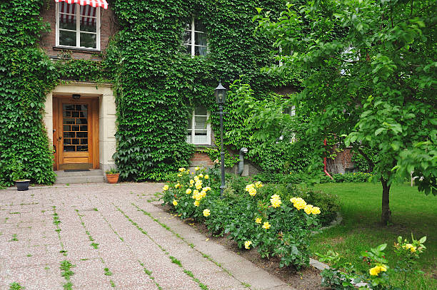 istock Wood Front Door on a stone Town House 134249542