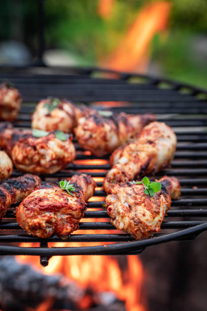 istock Tasty roasted chicken with spices. Sausage on fire. 1342497136