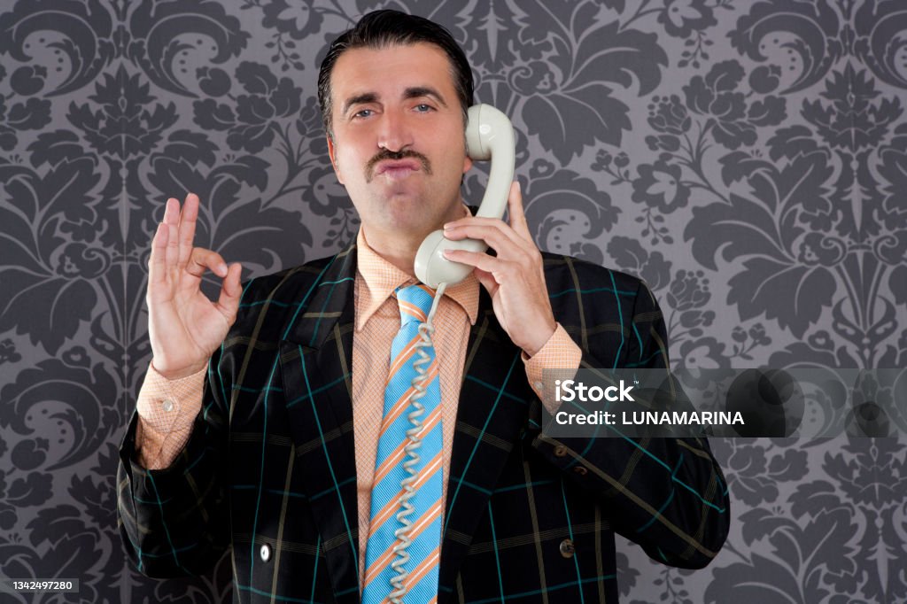 happy ok gesture telephone man retro hand sign happy ok gesture telephone man retro hand sign mustache vintage wallpaper Salesman Stock Photo
