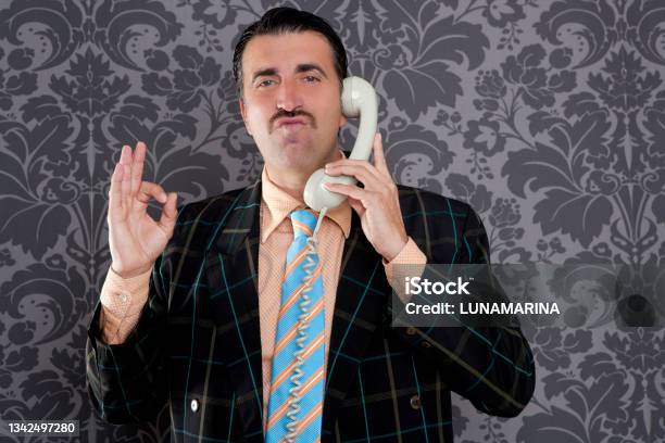 Happy Ok Gesture Telephone Man Retro Hand Sign Stock Photo - Download Image Now - Salesman, Kitsch, Humor