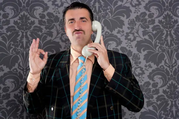 Photo of happy ok gesture telephone man retro hand sign