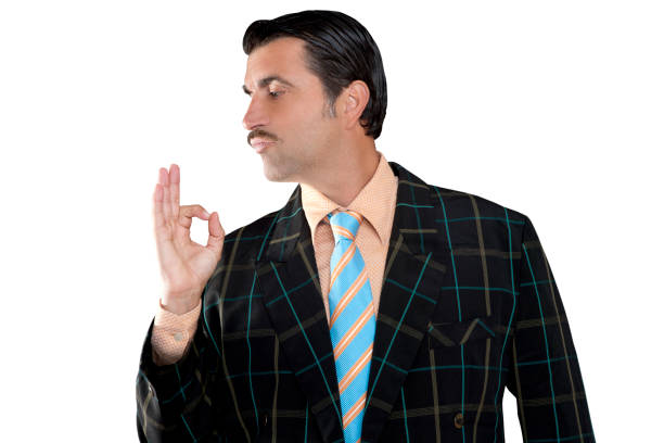 salesman occupation tacky man ok gesture profile salesman occupation mustache man profile view with tacky suit and ok gesture in hand retro salesman stock pictures, royalty-free photos & images