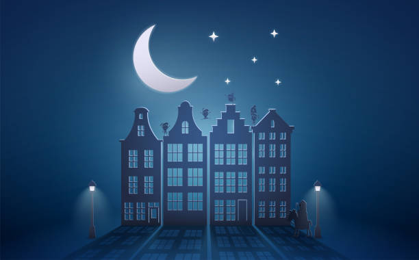 feier niederländische feiertage - heiliger nikolaus oder sinterklaas vor der stadt bei nacht - blaue papiergrafik - amsterdam holland city night stock-grafiken, -clipart, -cartoons und -symbole