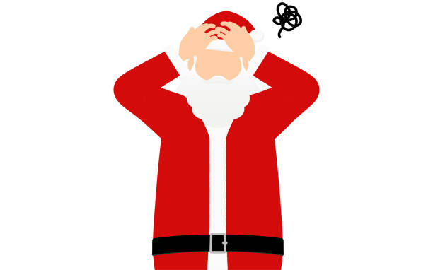 Old man in Santa Claus holding his head in worry Old man in Santa Claus holding his head in worry christmas chaos stock illustrations