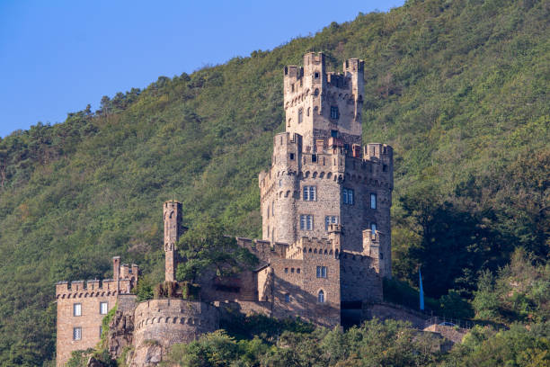 Niederheimbach, Germany - September 3, 2021: Close-up view of Sooneck Castle (Burg Sooneck), near the town of Niederheimbach, along the upper middle Rhine River. Also known as Saneck or Sonneck.