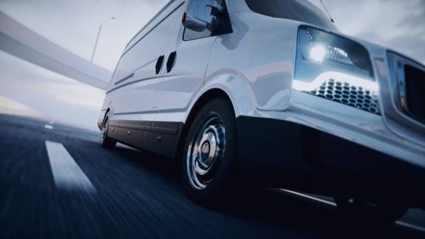 istock White delivery van on highway. Very fast driving. Delivery concept. 3d rendering. 1342509634
