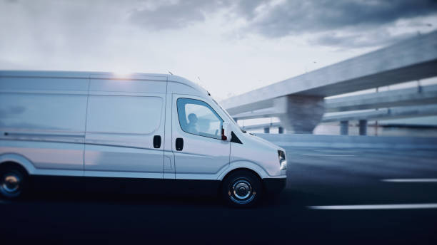 istock White delivery van on highway. Very fast driving. Delivery concept. 3d rendering. 1342509640