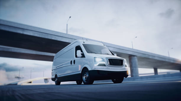 istock White delivery van on highway. Very fast driving. Delivery concept. 3d rendering. 1342509656