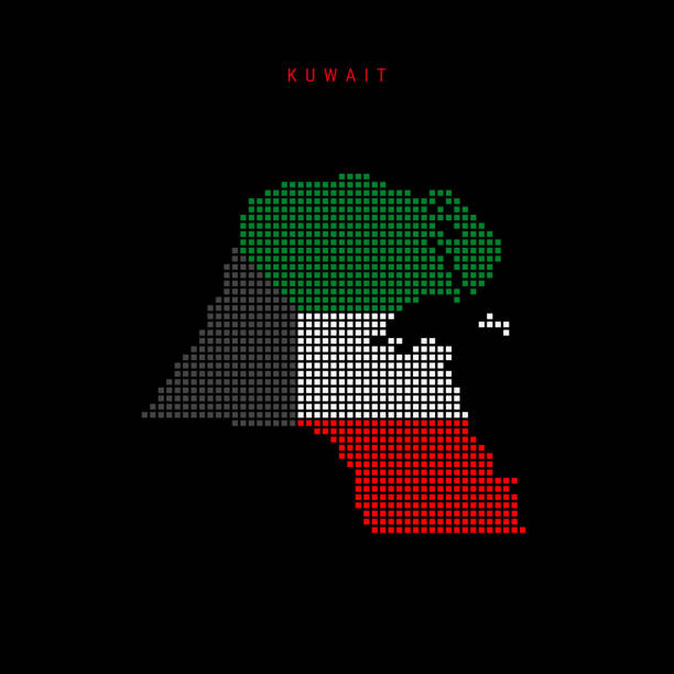 Square dots pattern map of Kuwait. Dotted pixel map with flag colors. Vector illustration Square dots pattern map of Kuwait. Dotted pixel map with national flag colors isolated on black background. Vector illustration. flat country stock illustrations