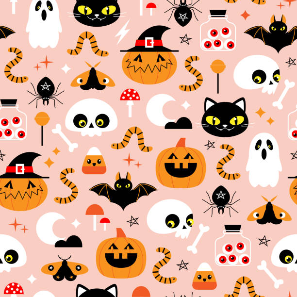Halloween scary cute cartoon pattern Halloween seamless pattern with cute cartoon pumpkin, skull, black cat, ghost, bat, spider and moth. halloween patterns stock illustrations