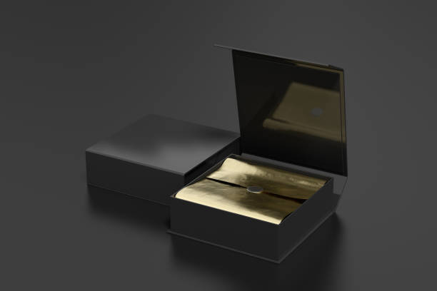 istock Black opened and closed square folding gift box mock up with gold wrapping paper on black background. Side view. 1342512847