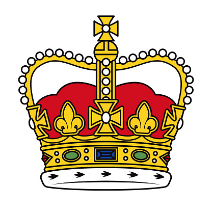 A golden royal crown of Saint Edward, as seen on many British coats of arms and flags. Though the actual crown is topped with purple velvet, it is traditionally shown as red in Heraldry. File is built in CMYK for optimal printing, and can easily be converted to RGB without any major color shifts. Crown is on a transparent background (no white box in behind) so can be placed onto any color.