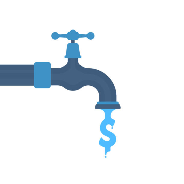 wasser wie dollarzeichen fließt aus dem wasserhahn - valve water pipe leaking faucet stock-grafiken, -clipart, -cartoons und -symbole