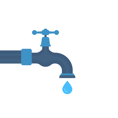 cartoon water tap with falling dropwater. concept of leaky faucet or fluid deficiency in world or drain crane. flat simple style trend modern graphic design element isolated on white background