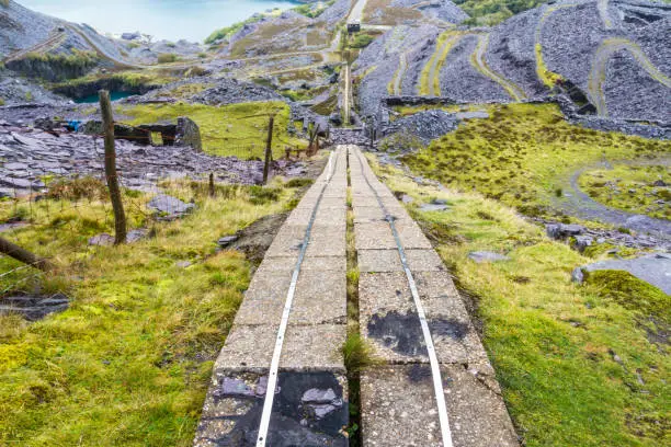 Photo of Dinorwic slate quarry with electric cable buried in concrete trough. Unesco World Heritage area, landscape.