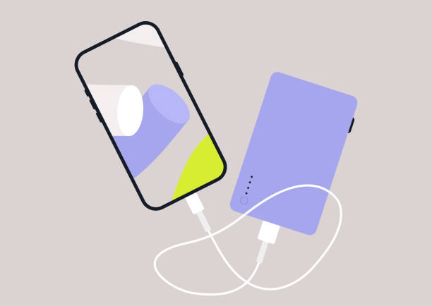 일반 배경에서 분리된 케이블로 연결된 휴대폰이 있는 전원 ��은행 장치 - telephone personal accessory battery charger mobile phone stock illustrations