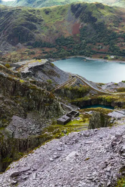 Photo of View over slate quarry to lake and mountains, portrait, Unesco Heritage Landscape, wide angle.