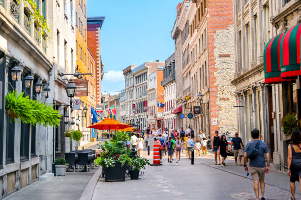 Tourists enjoying the sites in downtown Montreal in the summer stock photo