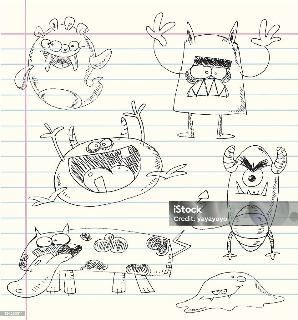 Monster doodles set 2 Vector monster doodles on a notebook paper. Set number 2 Monster - Fictional Character stock vector