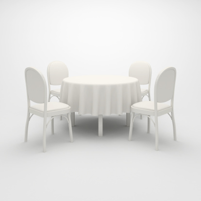 Empty, white round table, cloth and four chairs on a white background