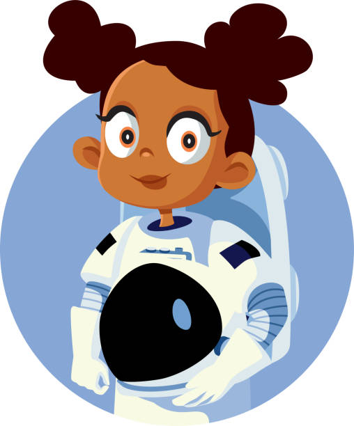 ilustrações, clipart, desenhos animados e ícones de menina vestindo uma ilustração vetorial de traje astronauta - children only child cartoon little girls