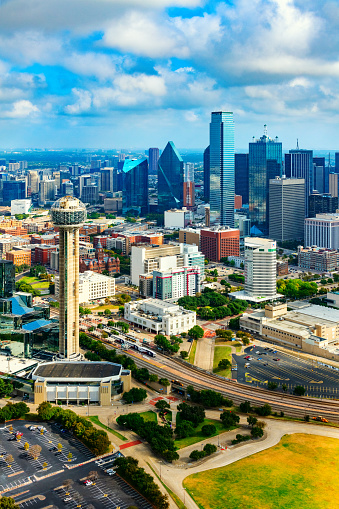 The beautiful modern skyline of Dallas, Texas shot aerially from an altitude of about 800 feet.