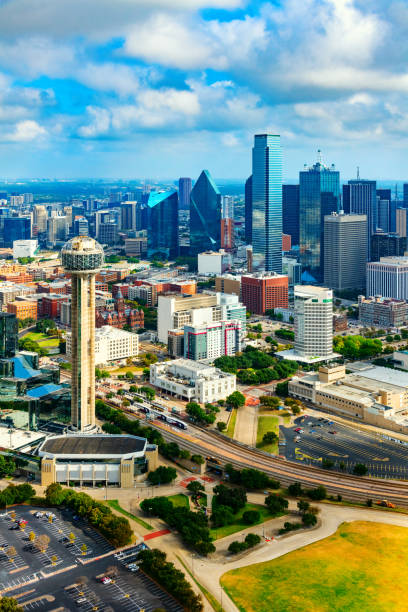 Dallas Skyline Aerial The beautiful modern skyline of Dallas, Texas shot aerially from an altitude of about 800 feet. reunion tower photos stock pictures, royalty-free photos & images